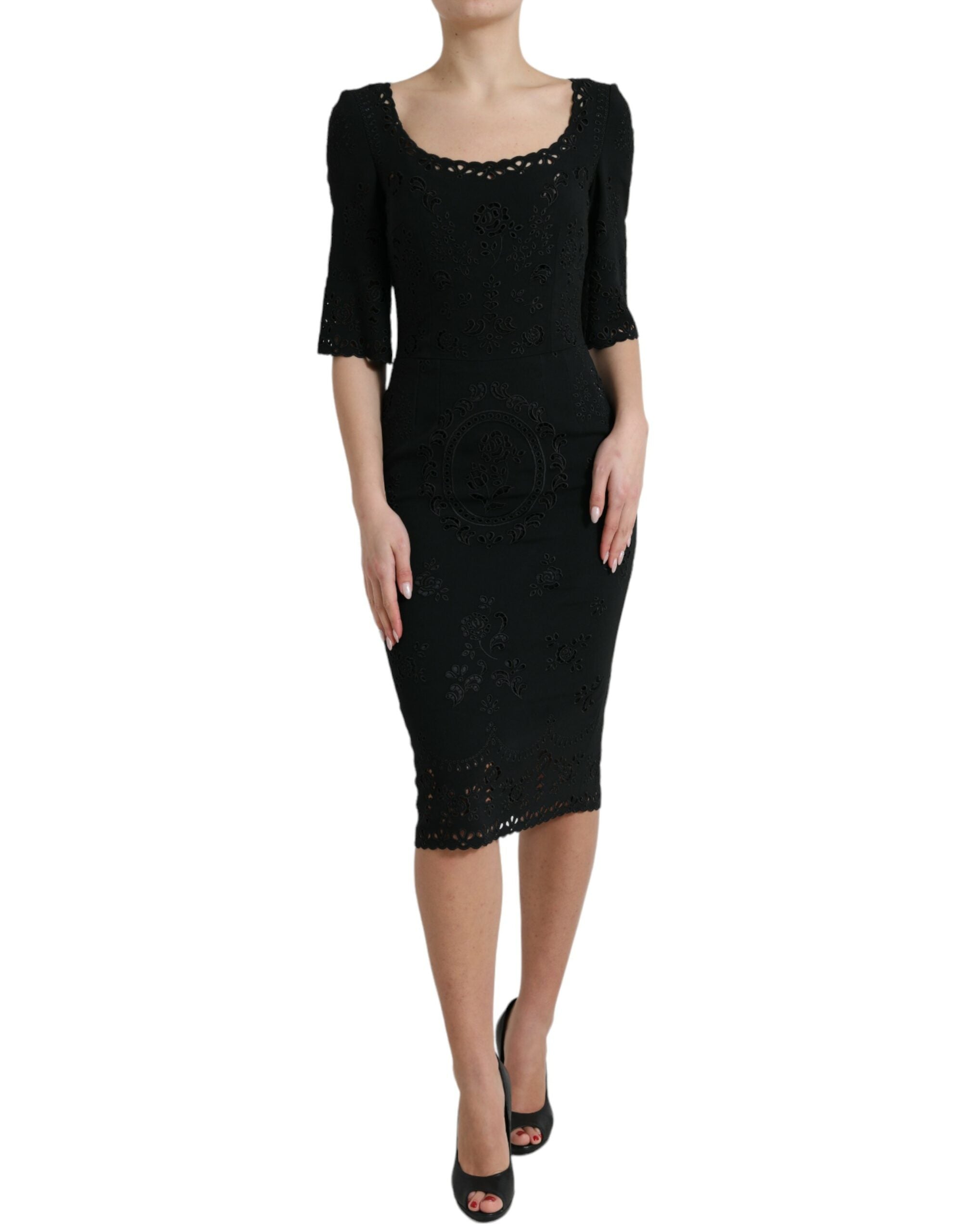 Dolce &amp; Gabbana Black Floral Lace Viscose Bodycon Midi Dress