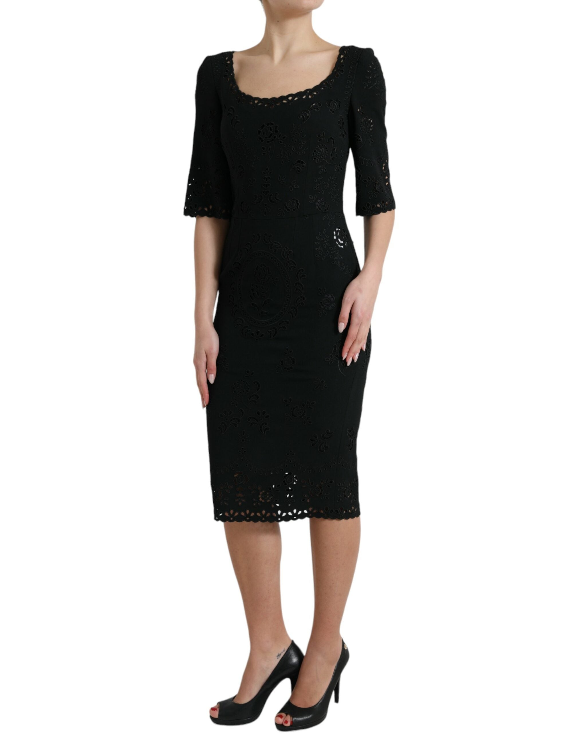 Dolce &amp; Gabbana Black Floral Lace Viscose Bodycon Midi Dress