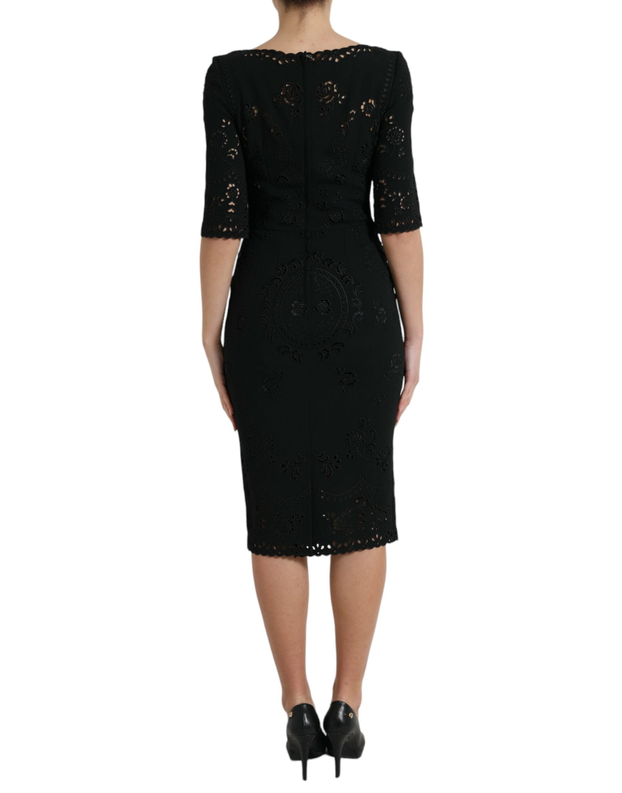 Dolce &amp; Gabbana Black Floral Lace Viscose Bodycon Midi Dress
