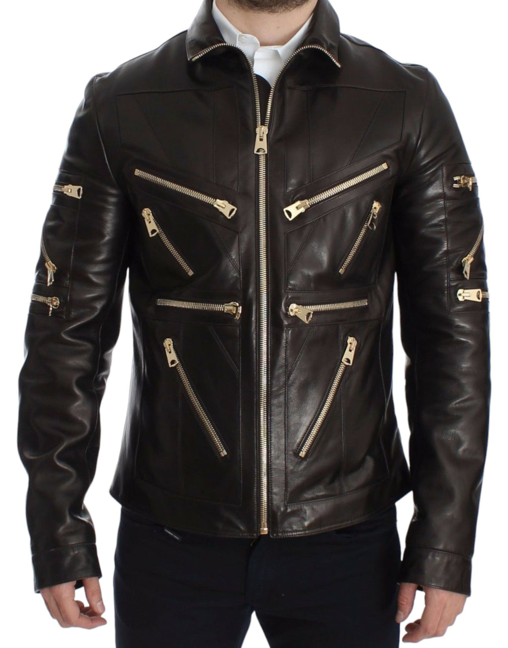 Dolce &amp; Gabbana Brown Lambskin Leather Zipper Jacket