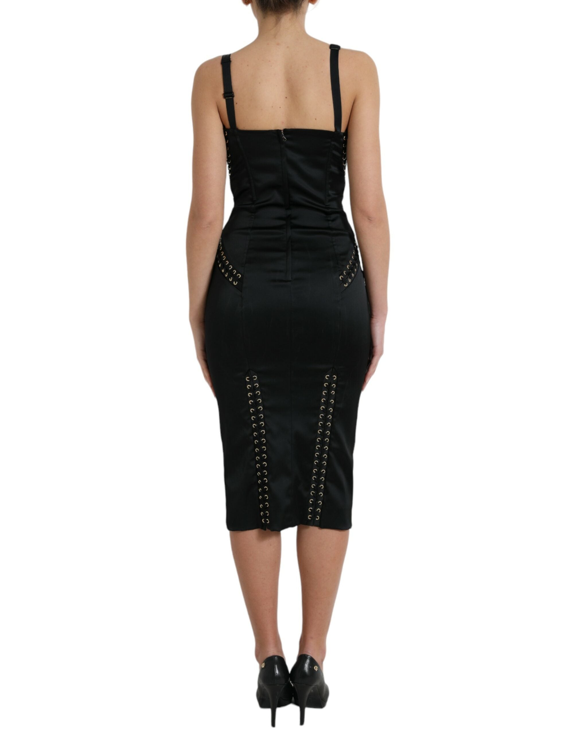 Dolce &amp; Gabbana Black Bustier Corset Lace Bodycon Midi Dress