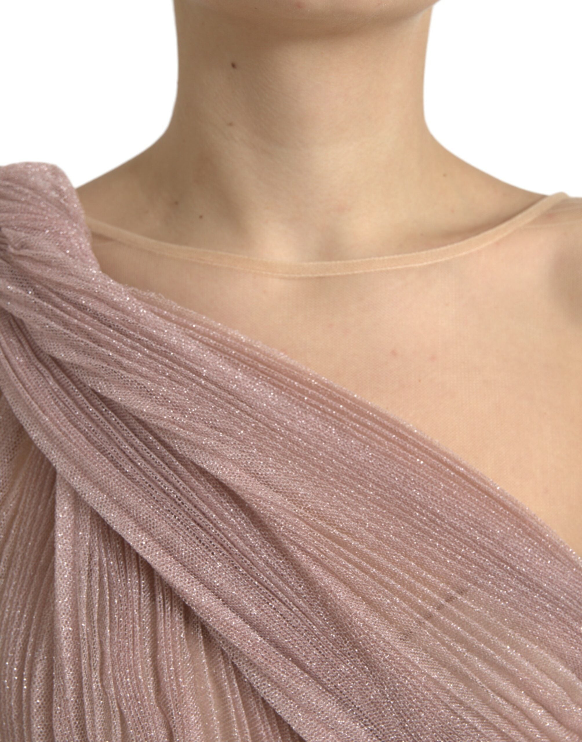 Dolce &amp; Gabbana Pink One Shoulder Pleated Lame Tulle Dress