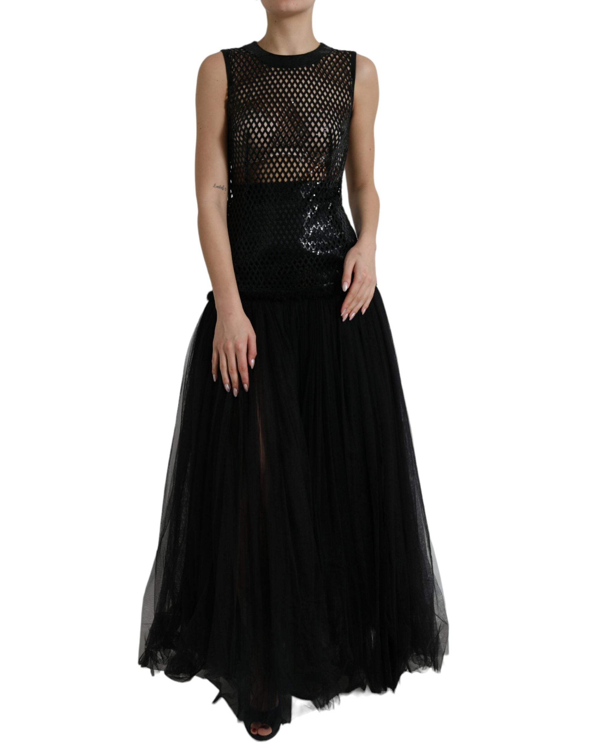 Dolce &amp; Gabbana Black Sequined Sleeveless Mesh Layered Gown Dress