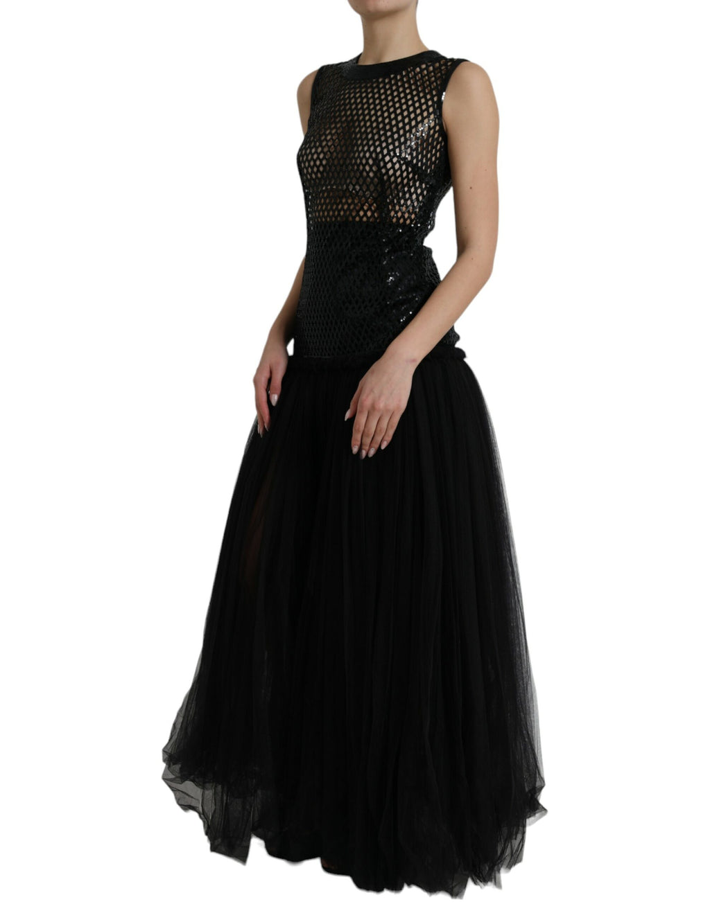 Dolce &amp; Gabbana Black Sequined Sleeveless Mesh Layered Gown Dress