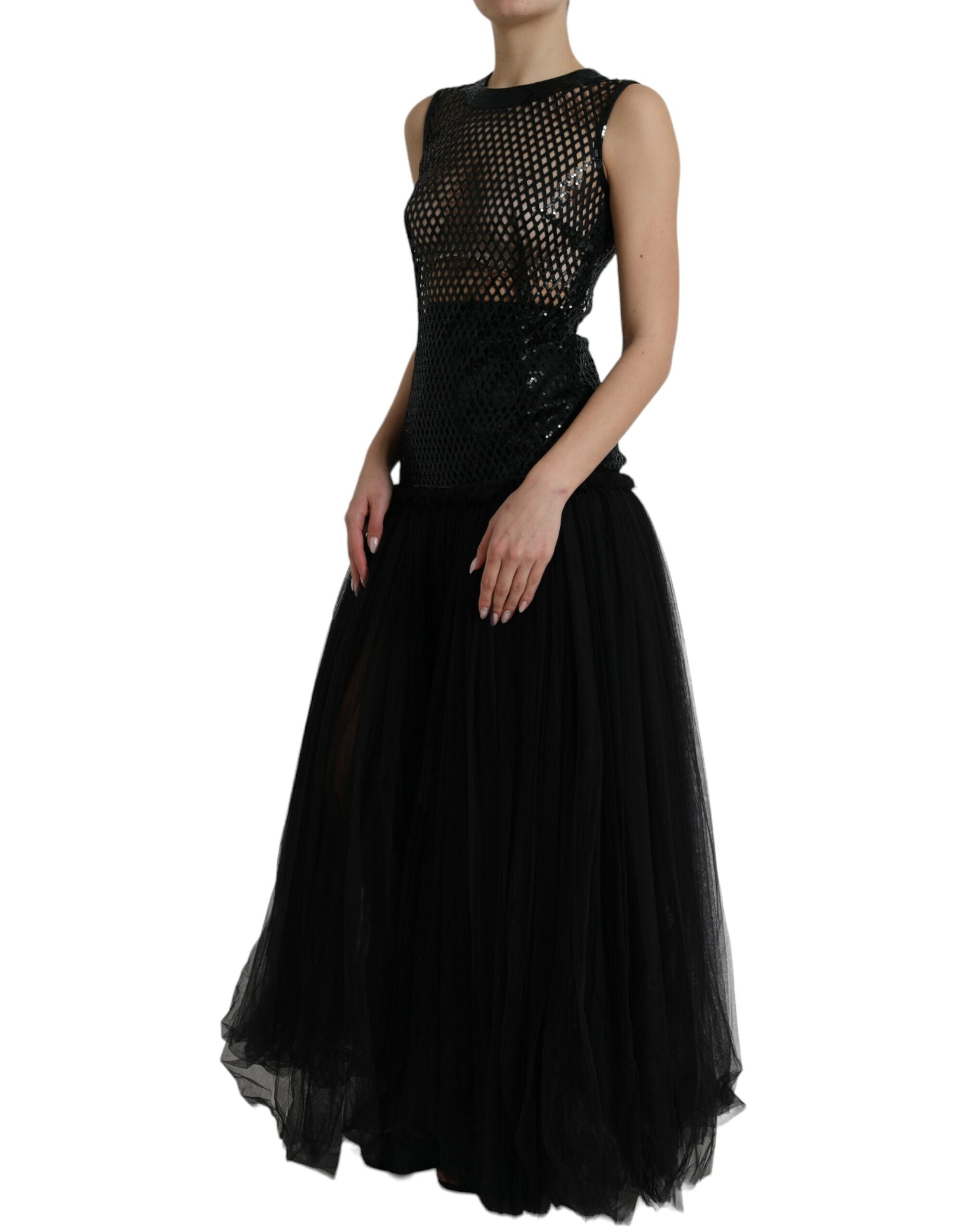 Dolce &amp; Gabbana Black Sequined Sleeveless Mesh Layered Gown Dress