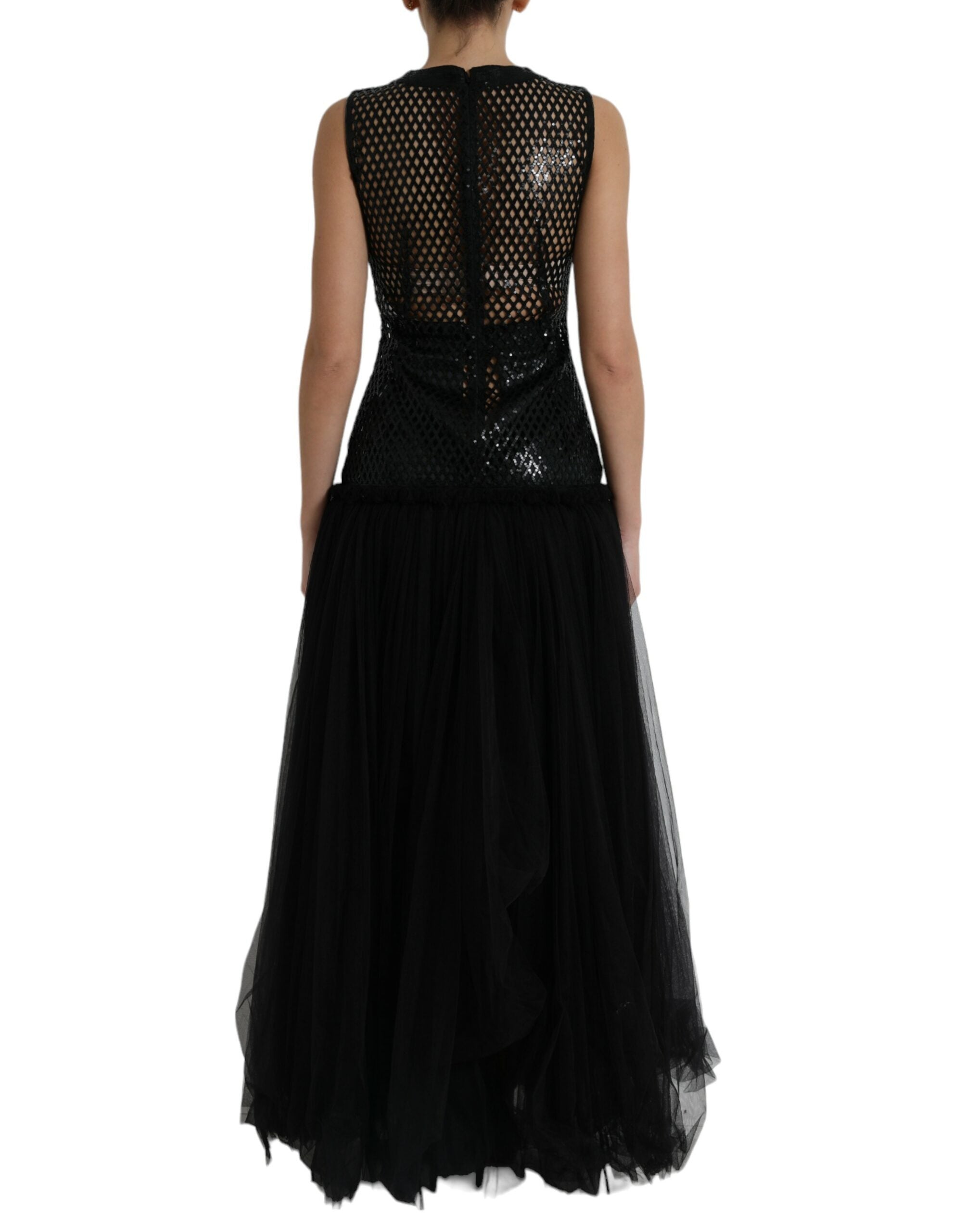 Dolce &amp; Gabbana Black Sequined Sleeveless Mesh Layered Gown Dress