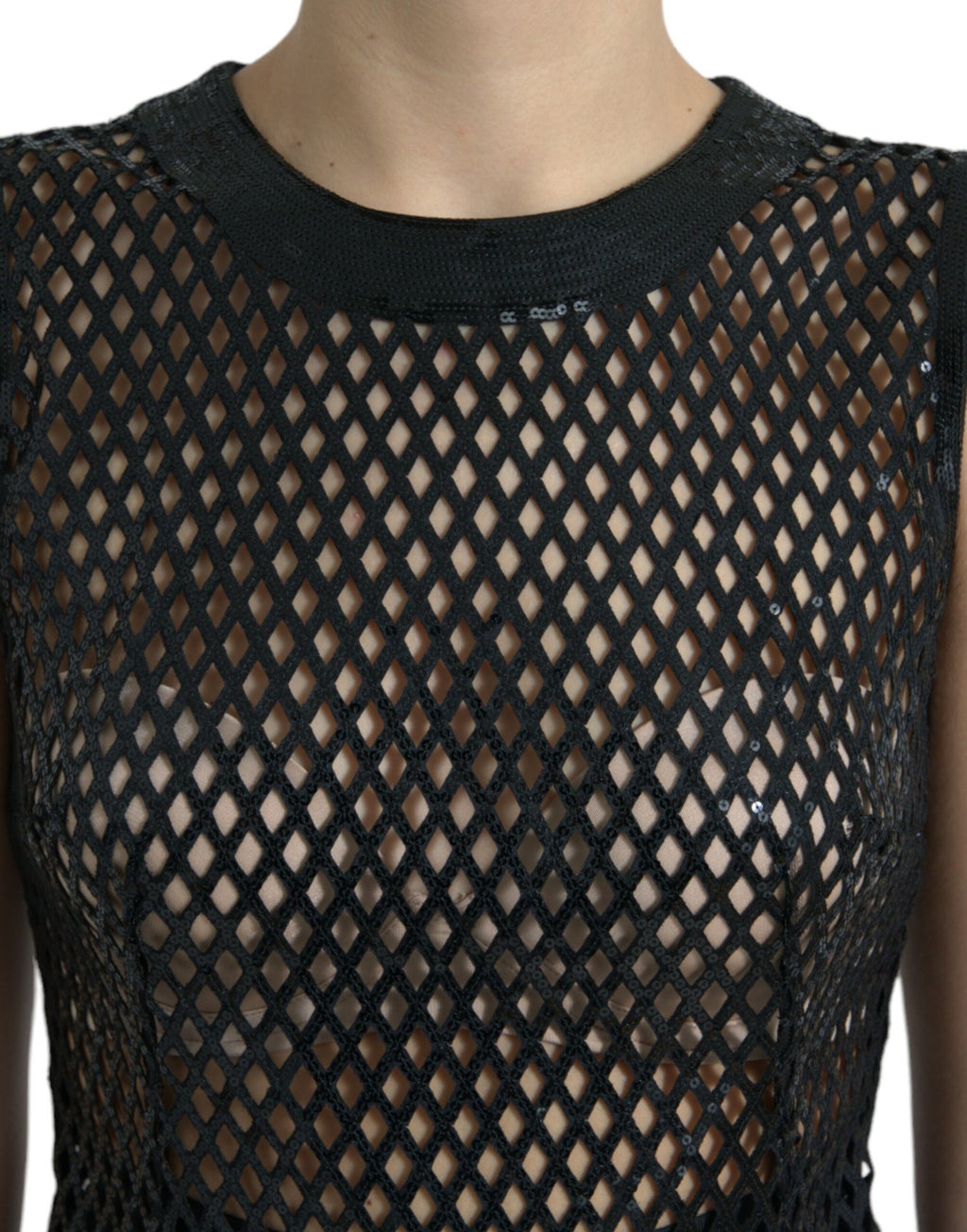 Dolce &amp; Gabbana Black Sequined Sleeveless Mesh Layered Gown Dress
