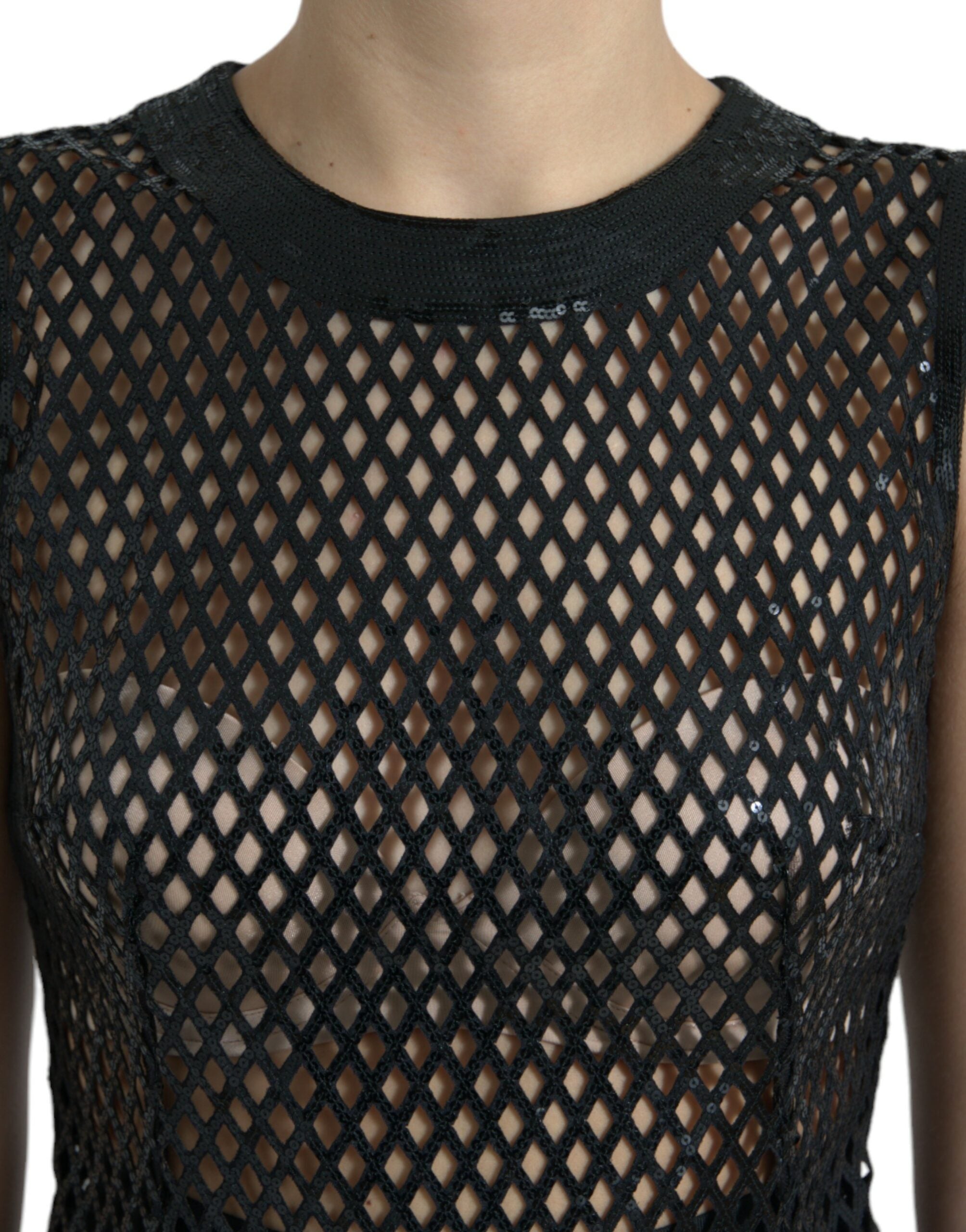 Dolce &amp; Gabbana Black Sequined Sleeveless Mesh Layered Gown Dress