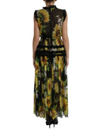 Dolce &amp; Gabbana Black Sunflower A-line Pleated Maxi Dress