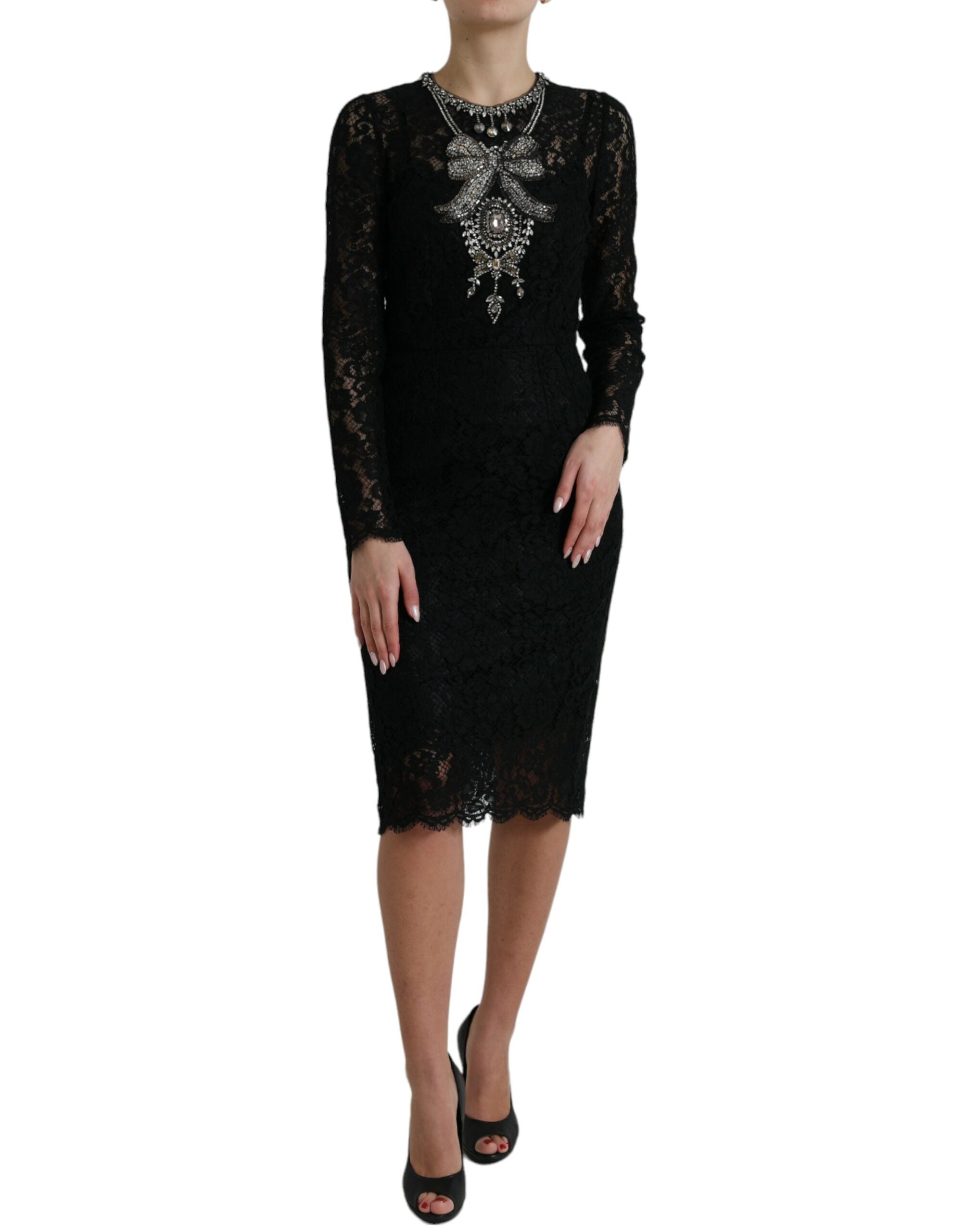 Dolce &amp; Gabbana Black Lace Crystal Embellished Sheath Dress