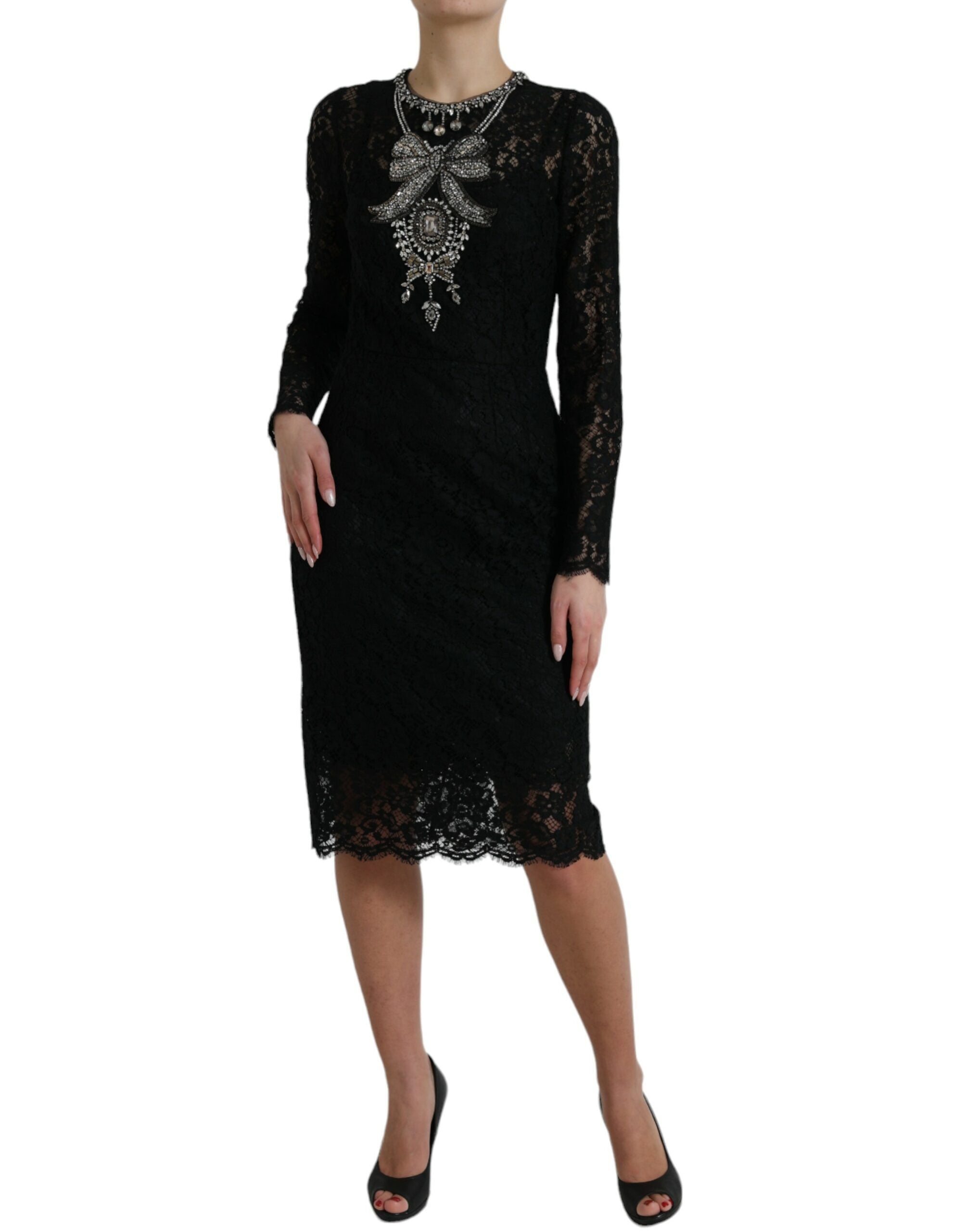 Dolce &amp; Gabbana Black Lace Crystal Embellished Sheath Dress
