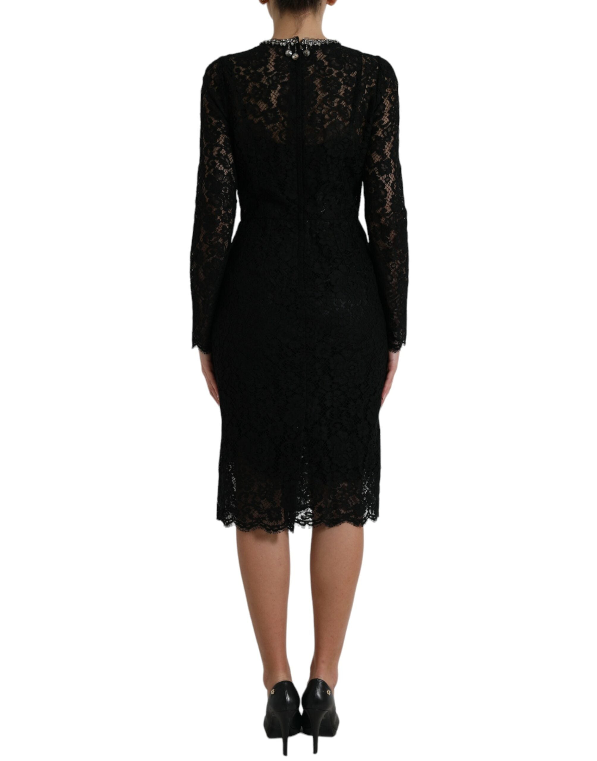 Dolce &amp; Gabbana Black Lace Crystal Embellished Sheath Dress