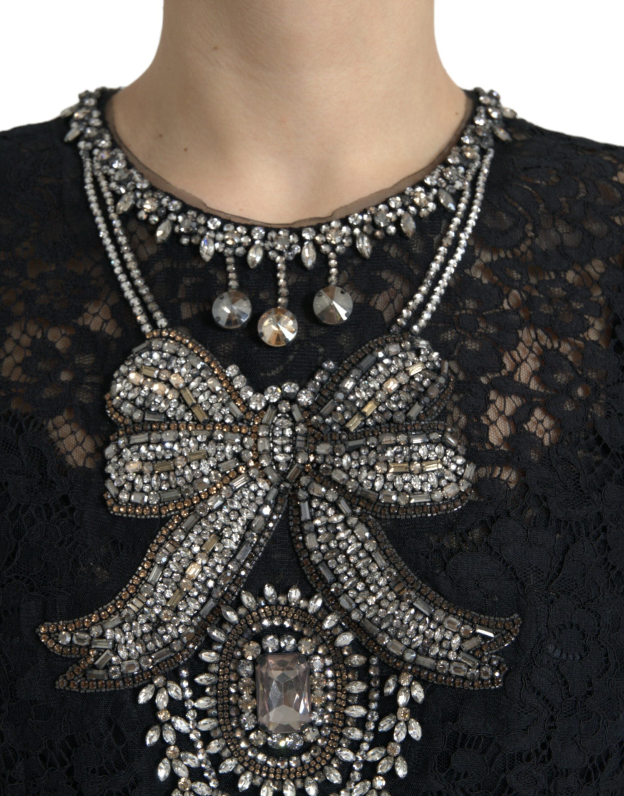 Dolce &amp; Gabbana Black Lace Crystal Embellished Sheath Dress