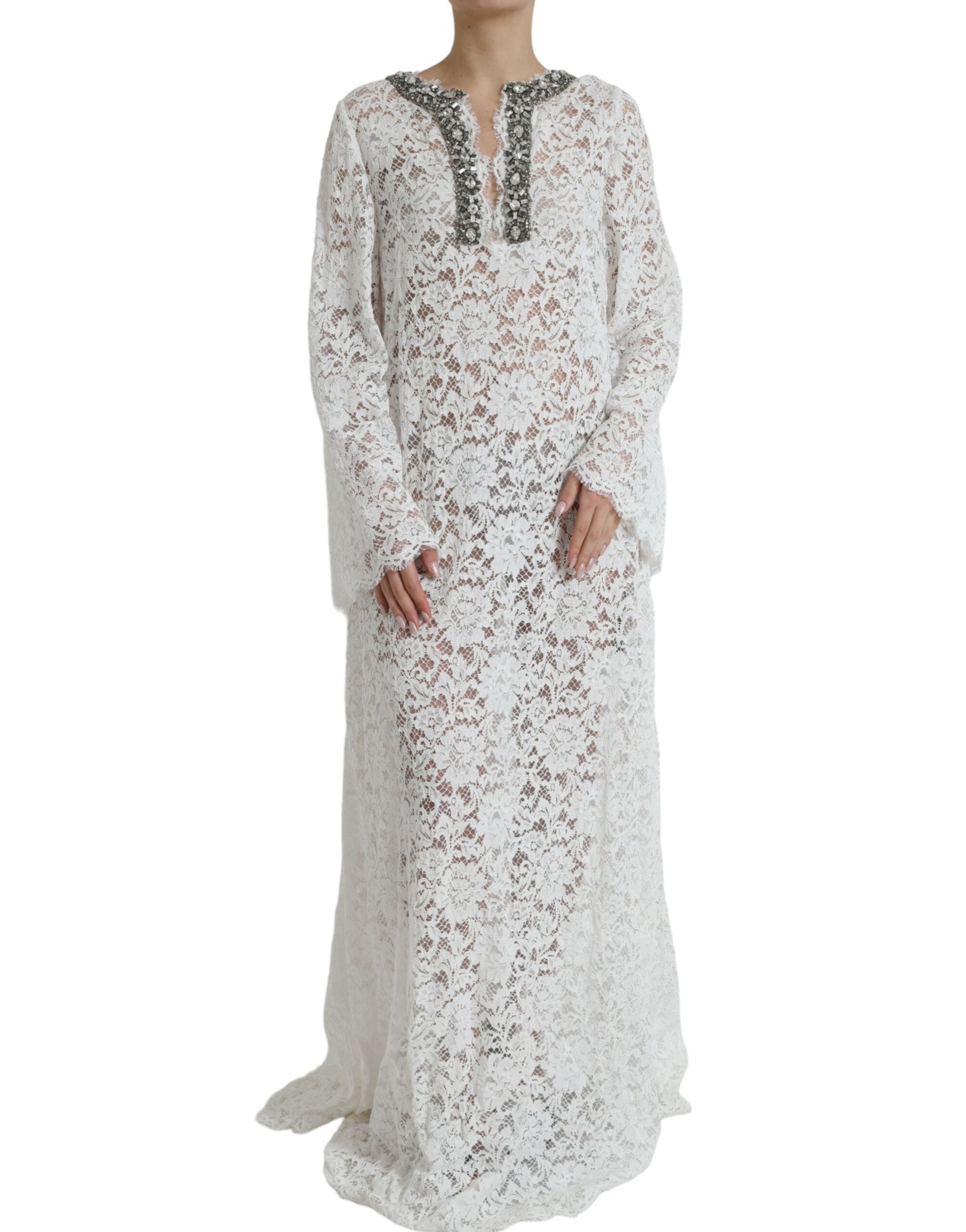 Dolce &amp; Gabbana White Lace Crystal Embellished Shift Dress