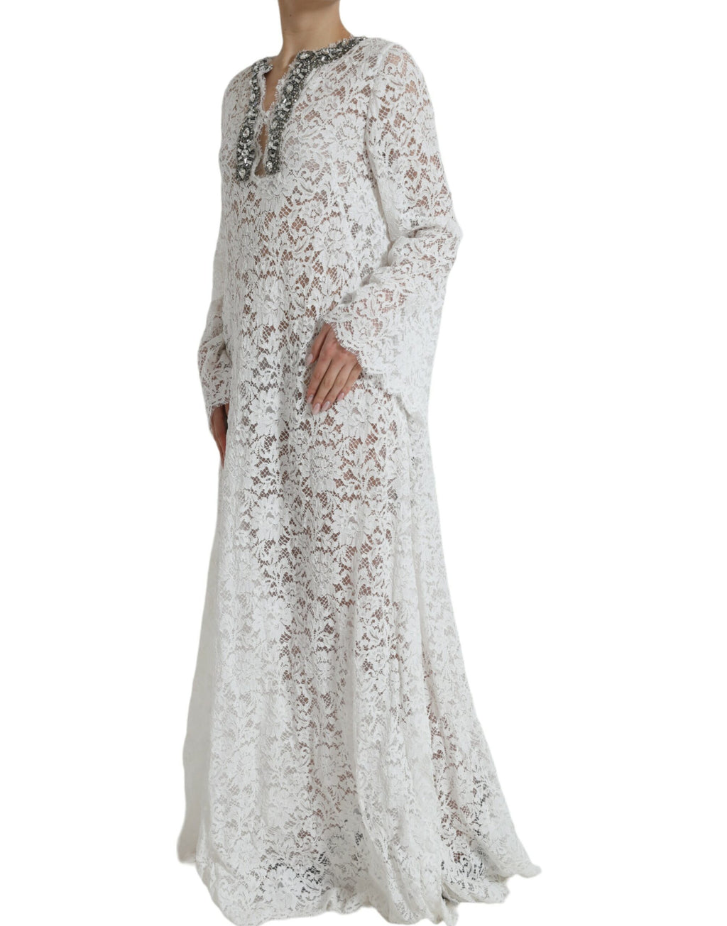 Dolce &amp; Gabbana White Lace Crystal Embellished Shift Dress