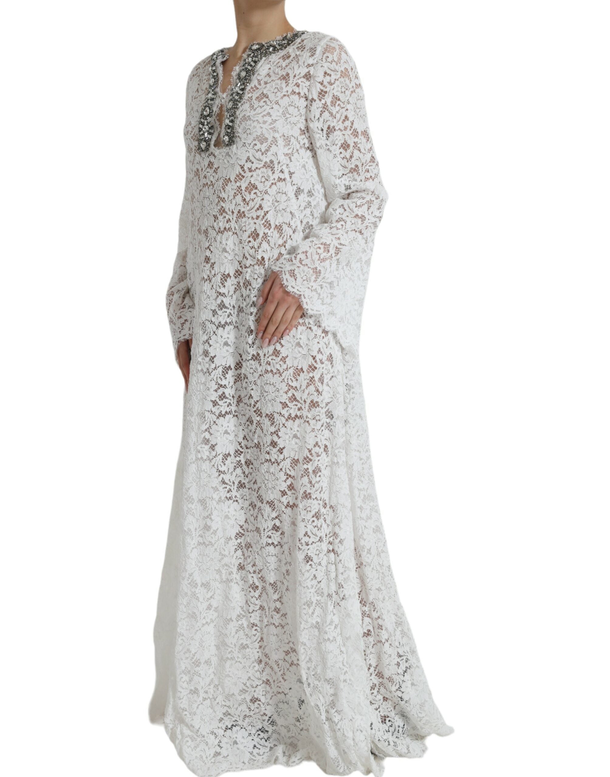 Dolce &amp; Gabbana White Lace Crystal Embellished Shift Dress