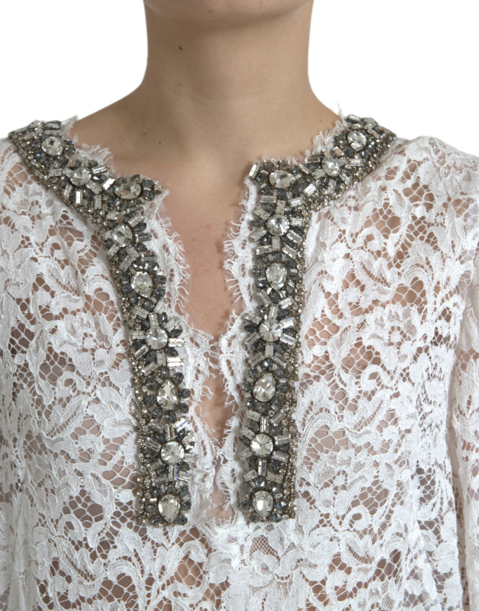 Dolce &amp; Gabbana White Lace Crystal Embellished Shift Dress