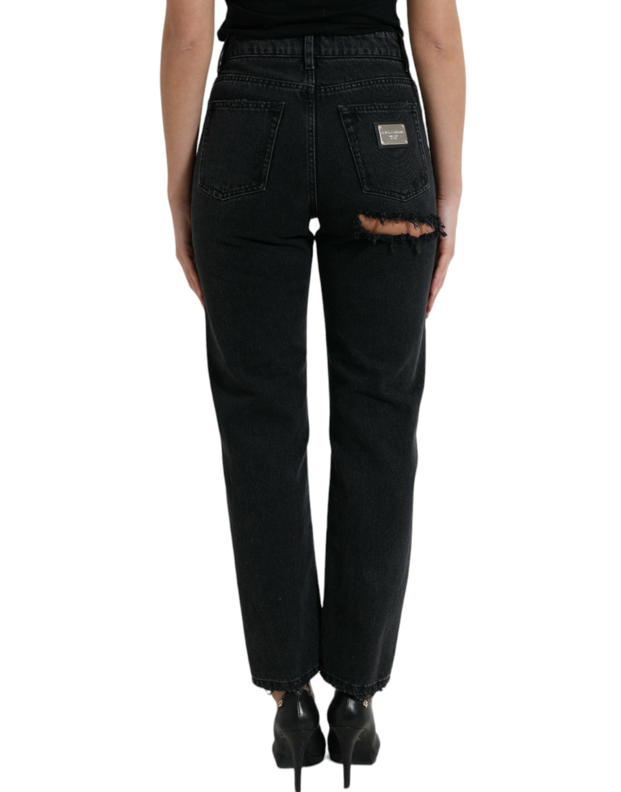 Dolce &amp; Gabbana Black Cotton High Waist Tattered Denim Jeans