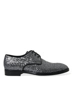 Dolce &amp; Gabbana Silver Sequined Lace Up Men Derby Dress Shoes