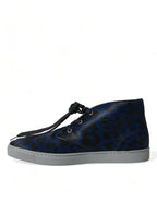 Dolce &amp; Gabbana Blue Calfskin Leopard Mid Top Sneakers Shoes