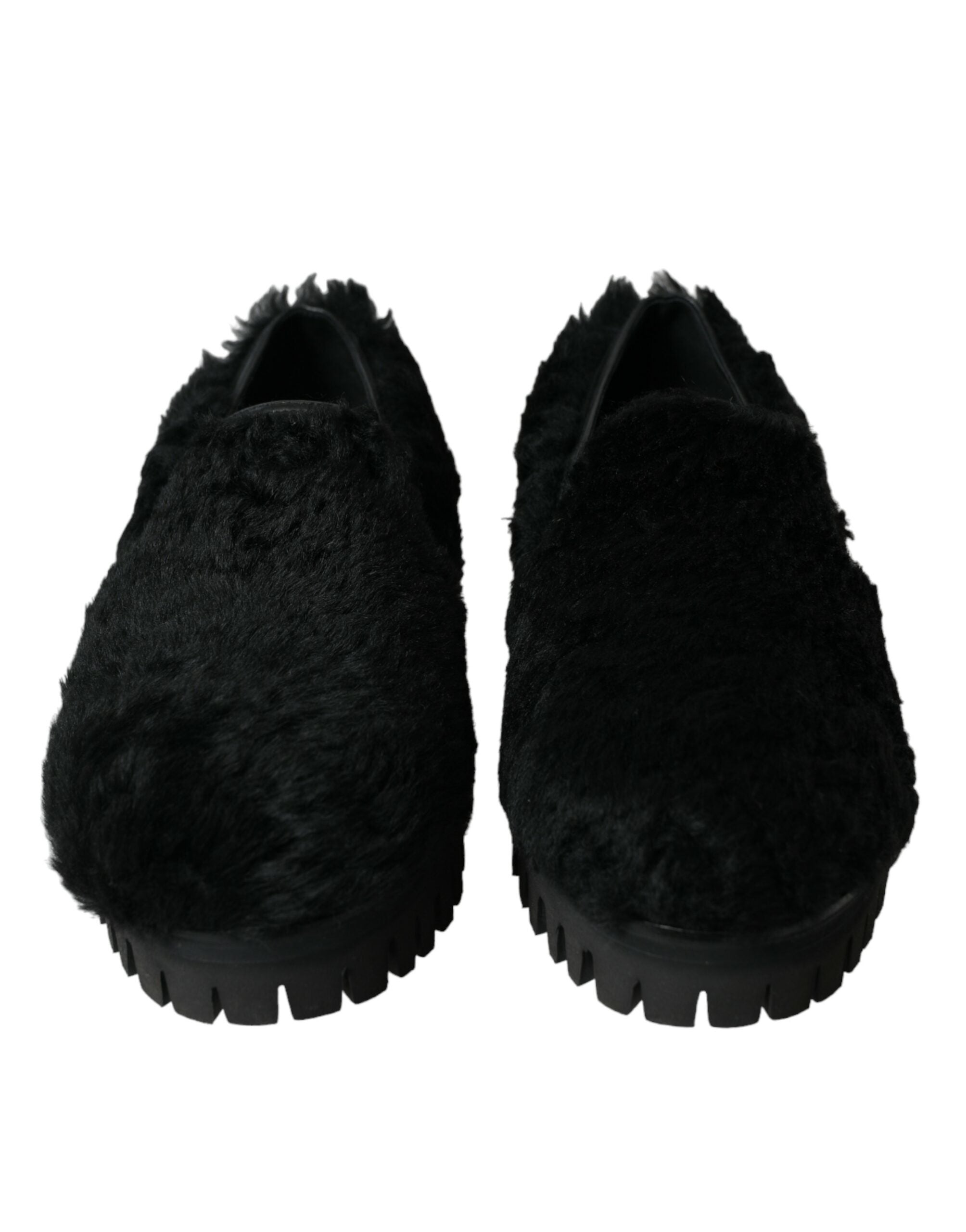 Dolce &amp; Gabbana Black Fur Leather Slippers Dress Shoes