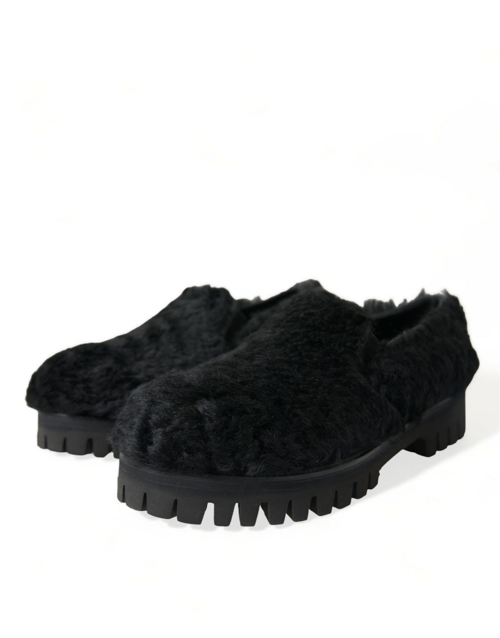 Dolce &amp; Gabbana Black Fur Leather Slippers Dress Shoes