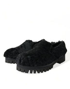 Dolce &amp; Gabbana Black Fur Leather Slippers Dress Shoes