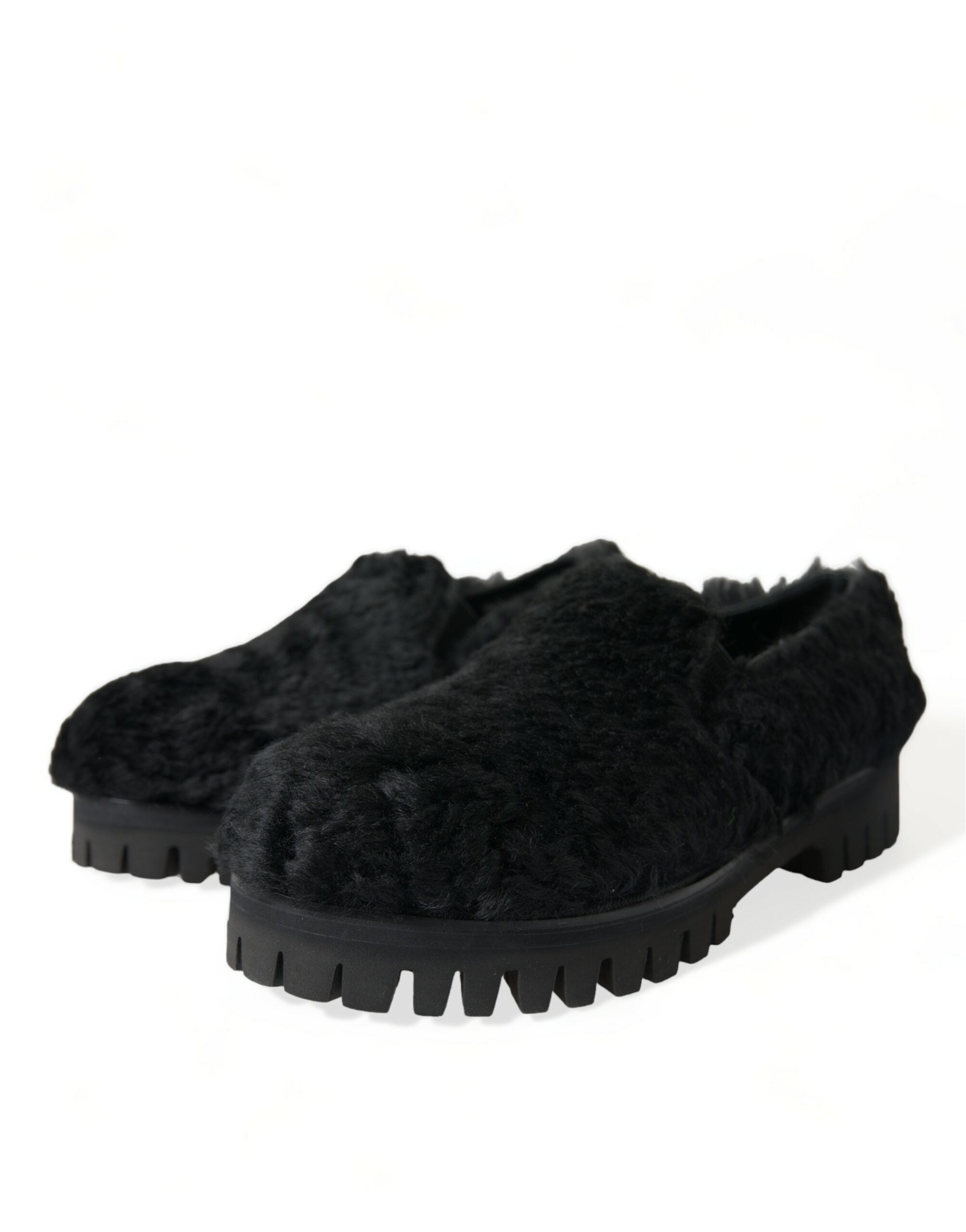 Dolce &amp; Gabbana Black Fur Leather Slippers Dress Shoes