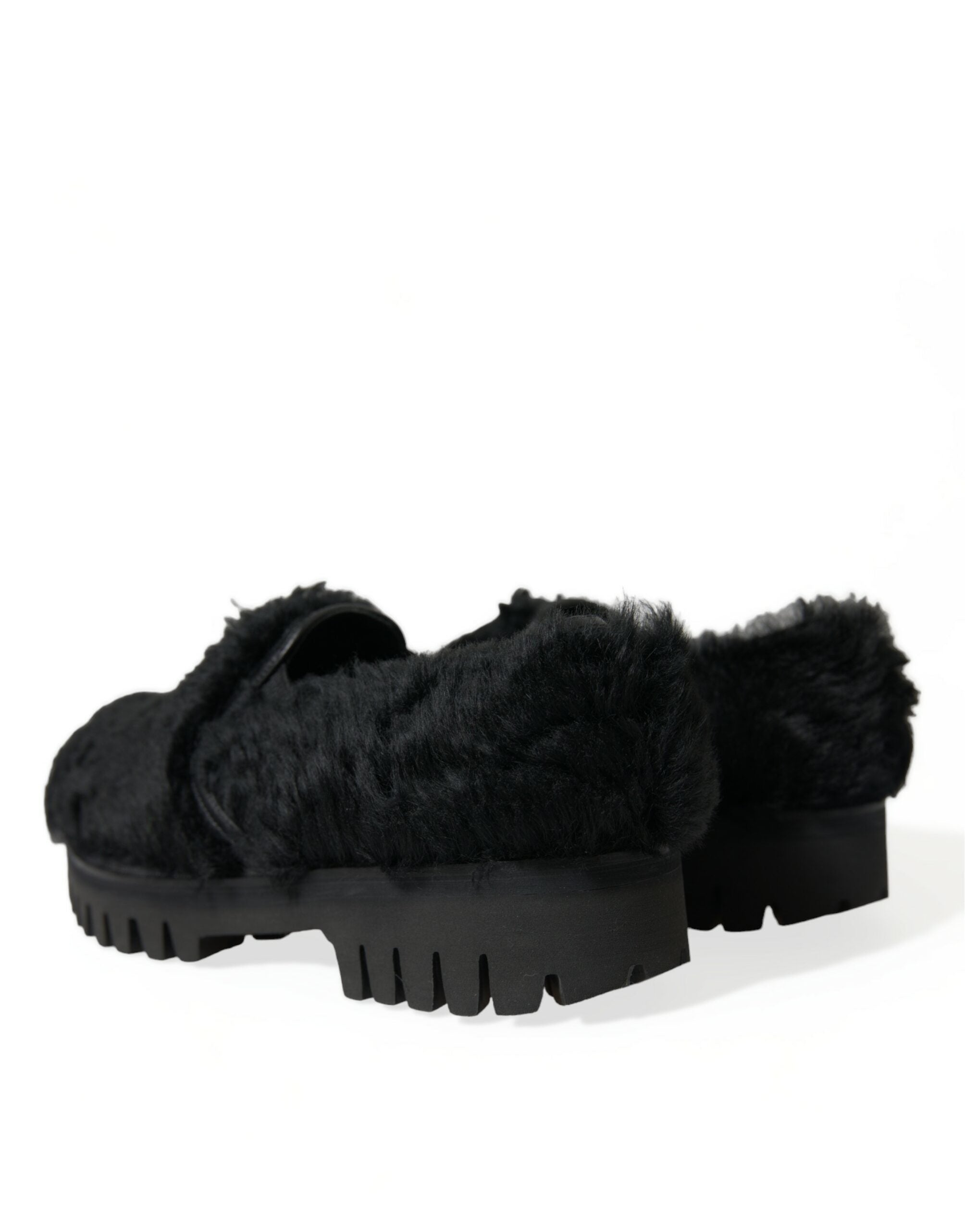 Dolce &amp; Gabbana Black Fur Leather Slippers Dress Shoes