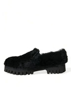 Dolce &amp; Gabbana Black Fur Leather Slippers Dress Shoes