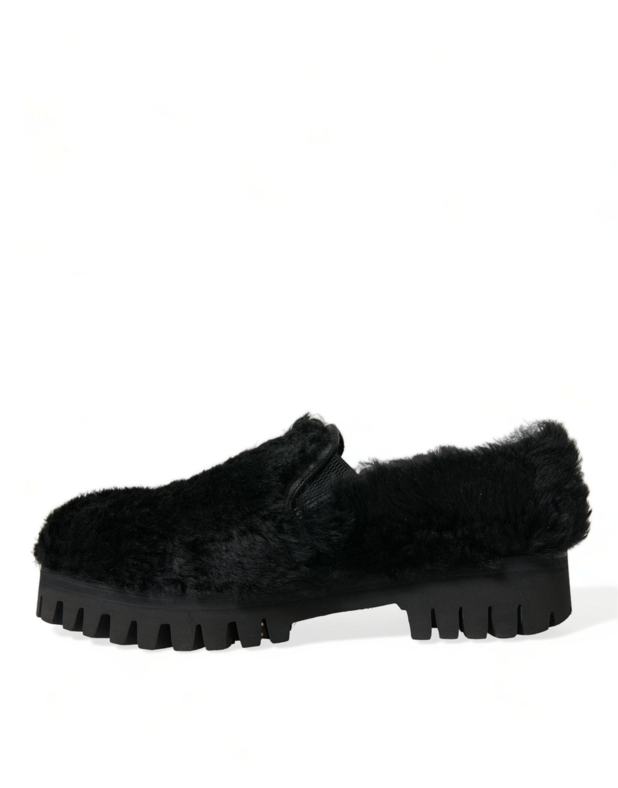 Dolce &amp; Gabbana Black Fur Leather Slippers Dress Shoes