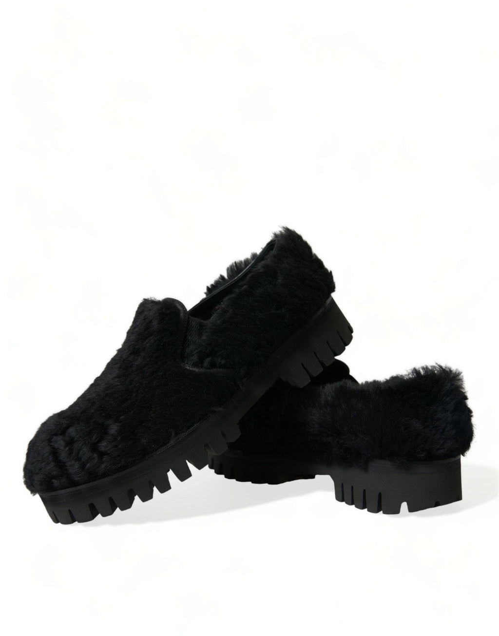 Dolce &amp; Gabbana Black Fur Leather Slippers Dress Shoes