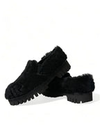 Dolce &amp; Gabbana Black Fur Leather Slippers Dress Shoes
