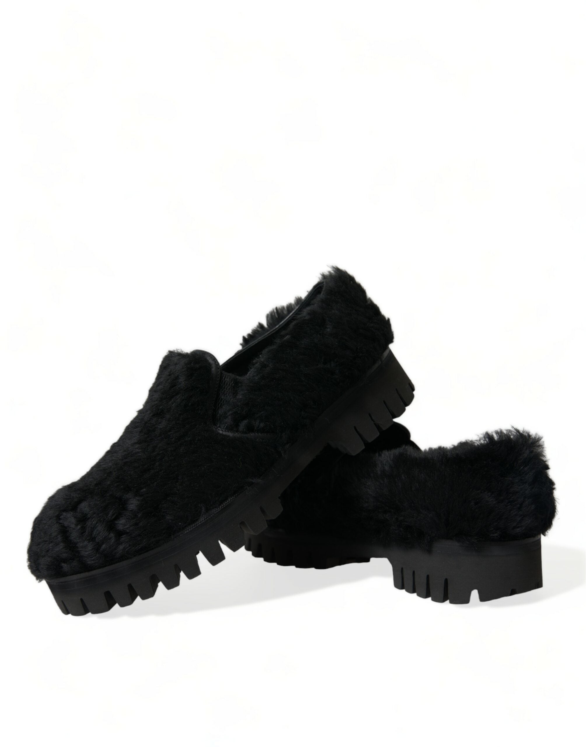 Dolce &amp; Gabbana Black Fur Leather Slippers Dress Shoes