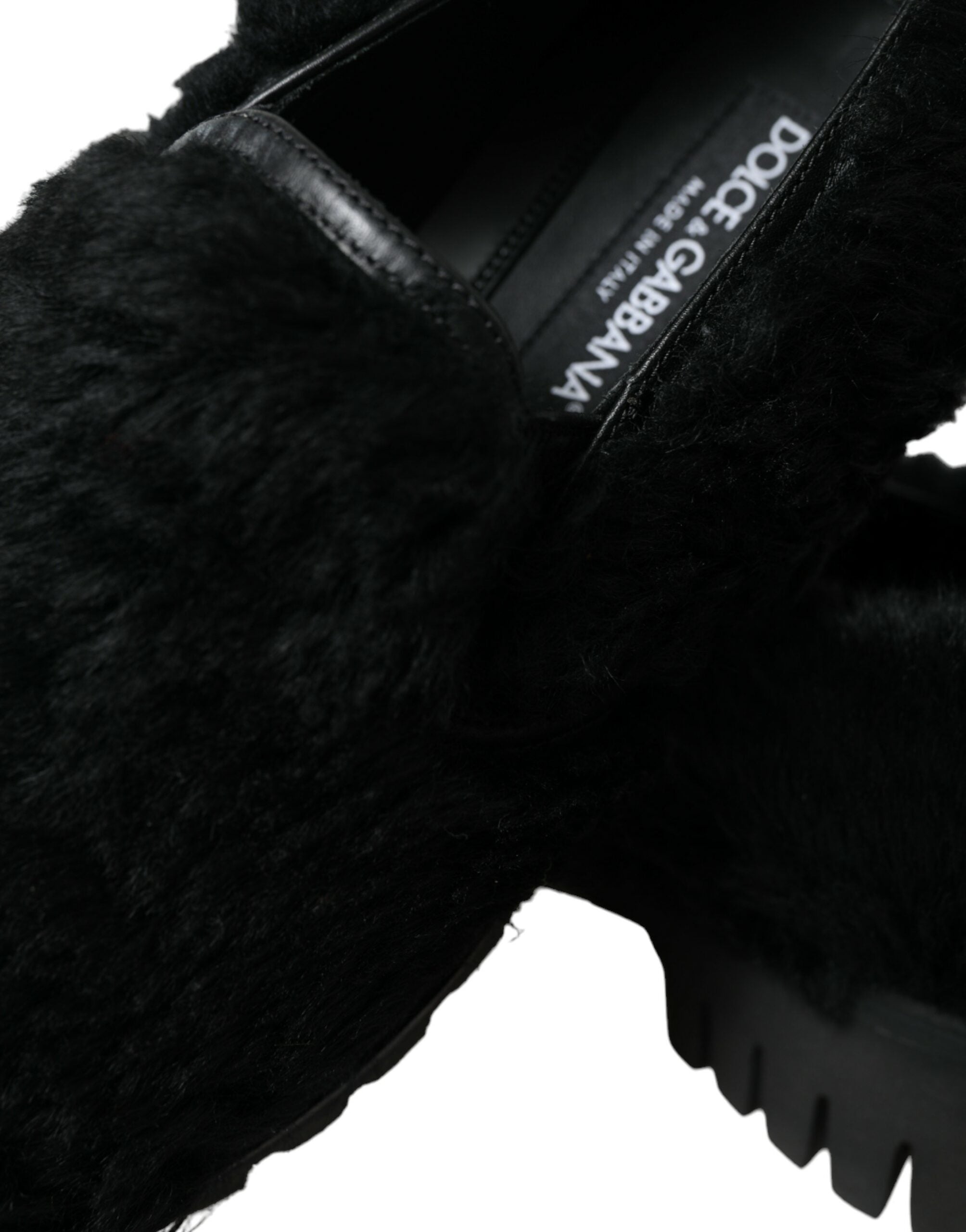 Dolce &amp; Gabbana Black Fur Leather Slippers Dress Shoes