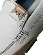 Dolce &amp; Gabbana White Brown Leather Slip On Men Moccasin Shoes