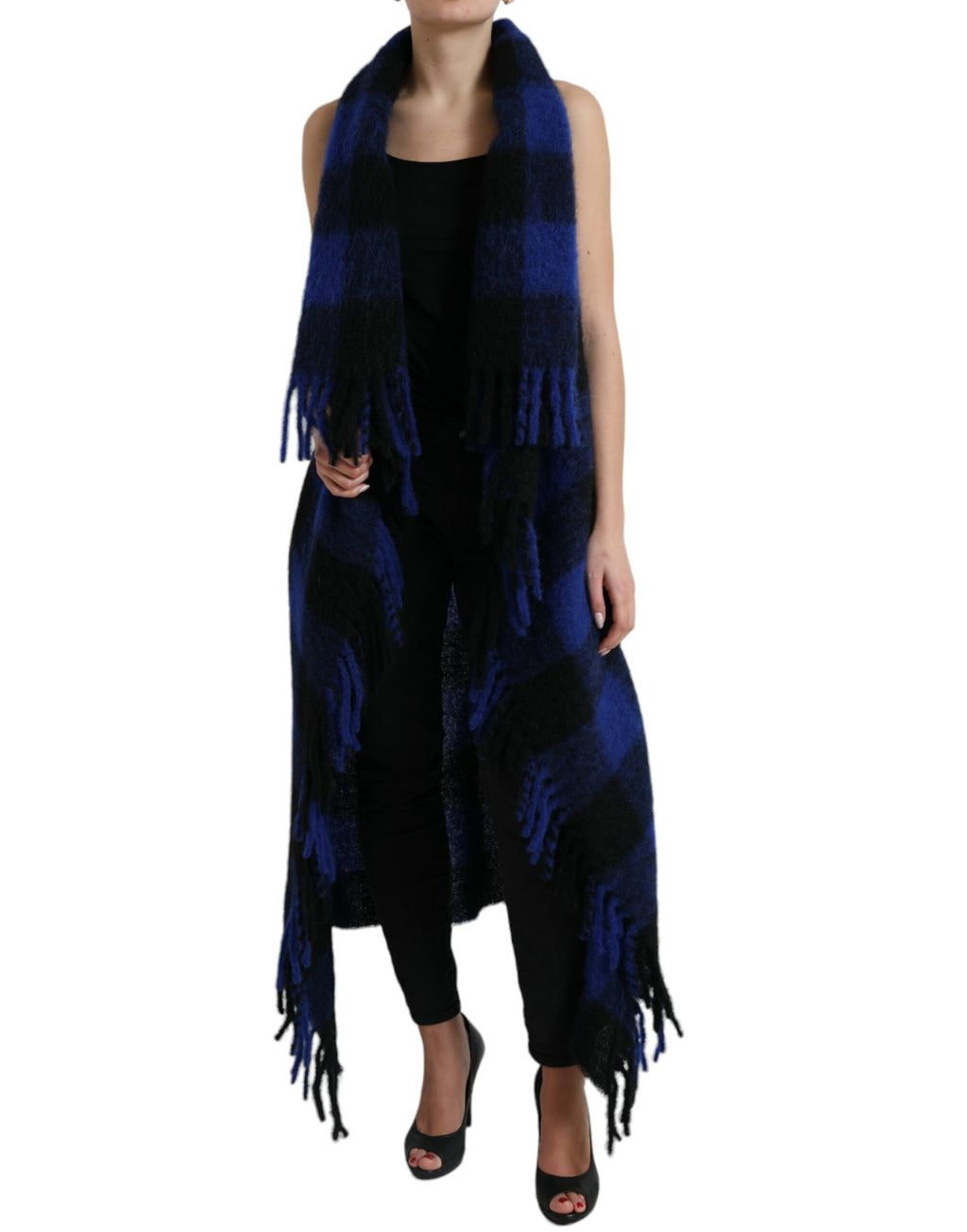 Dolce &amp; Gabbana Black Blue Buffalo Check Poncho Coat Sweater