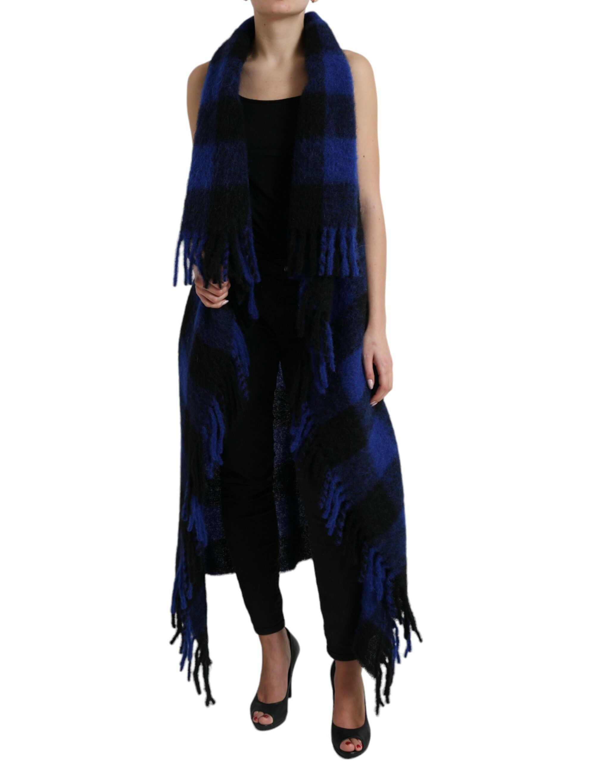 Dolce &amp; Gabbana Black Blue Buffalo Check Poncho Coat Sweater