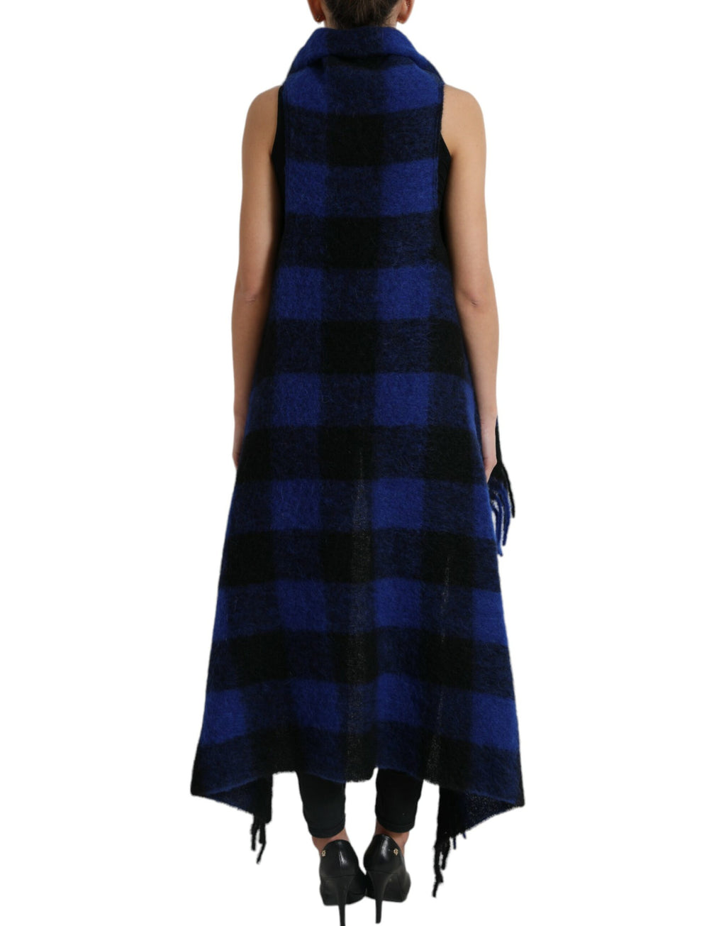 Dolce &amp; Gabbana Black Blue Buffalo Check Poncho Coat Sweater
