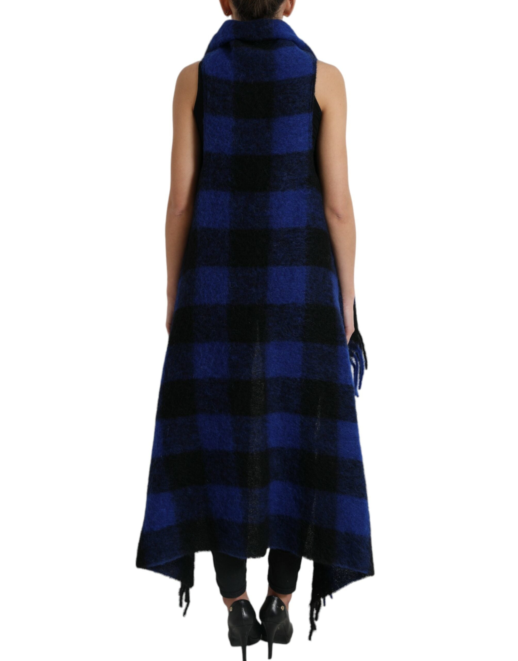 Dolce &amp; Gabbana Black Blue Buffalo Check Poncho Coat Sweater