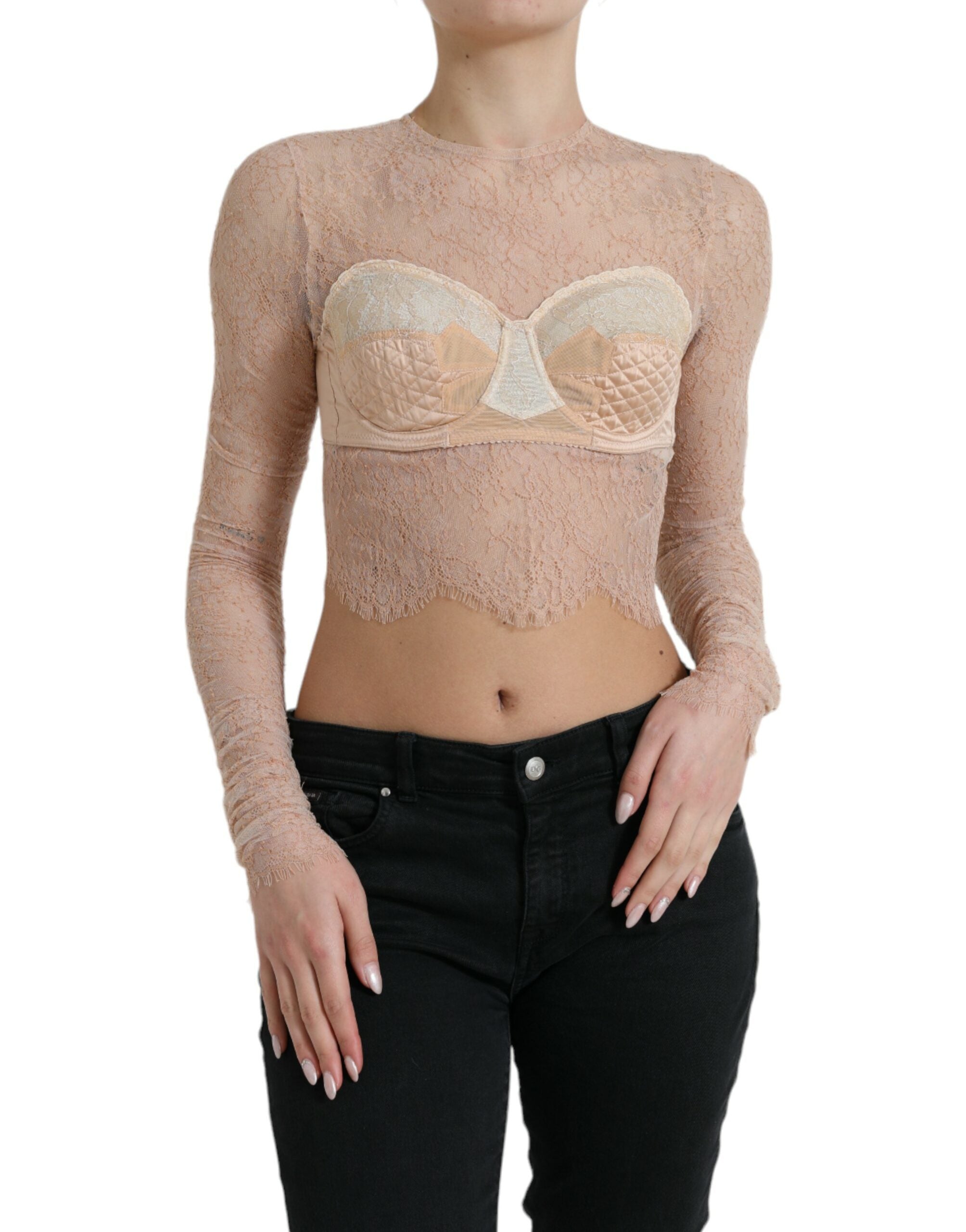 Dolce &amp; Gabbana Beige Nylon Floral Lace Bustier Cropped Top