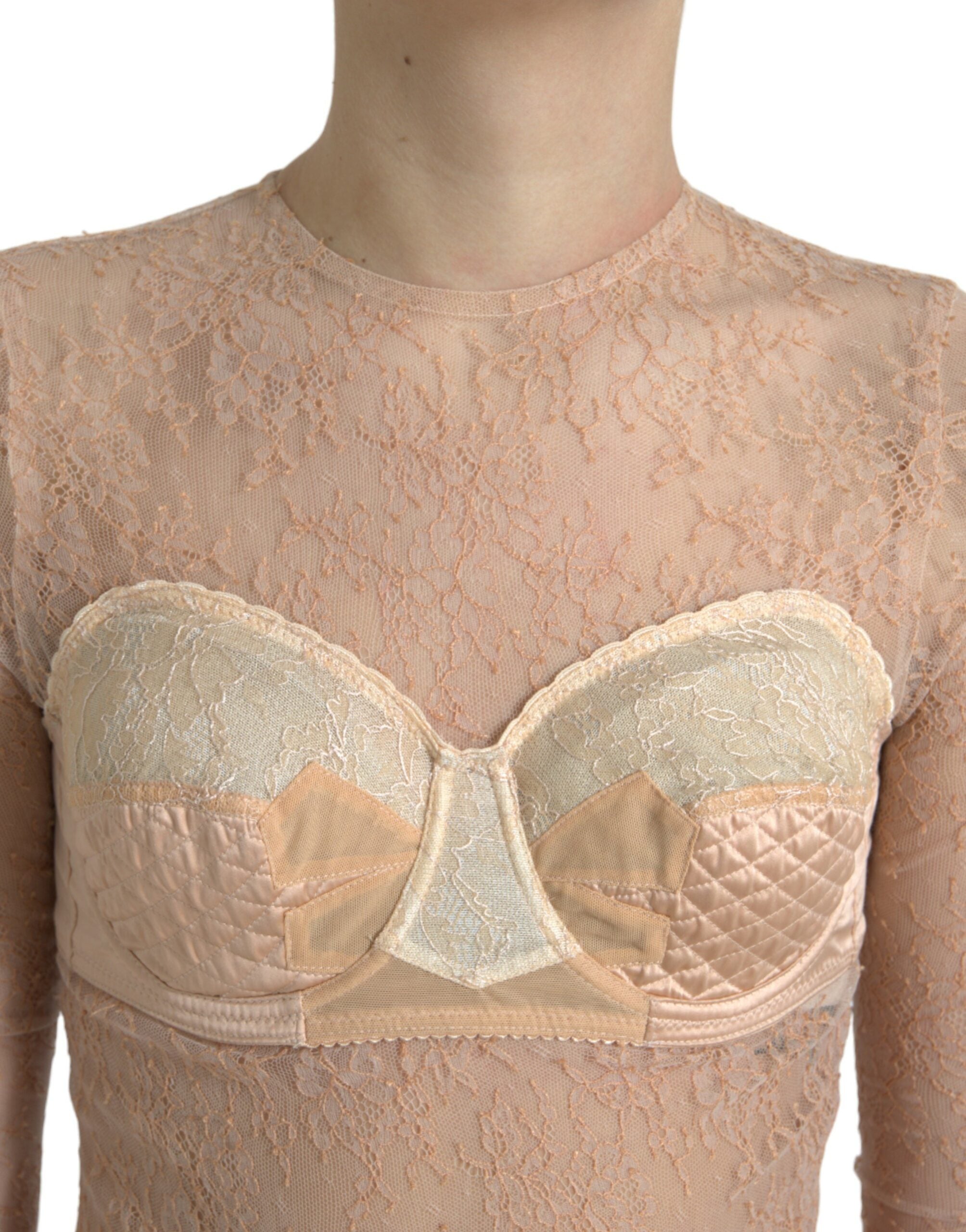 Dolce &amp; Gabbana Beige Nylon Floral Lace Bustier Cropped Top