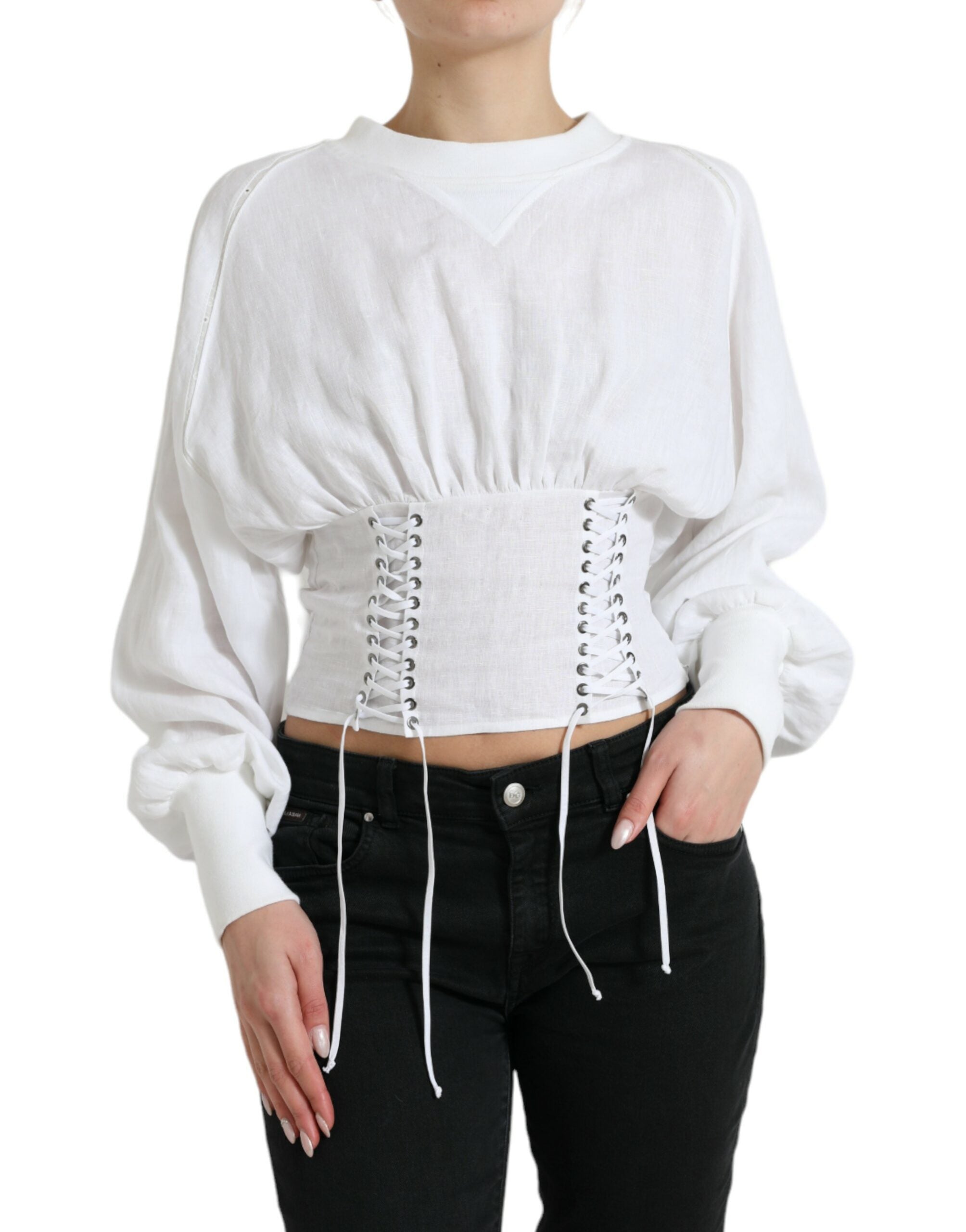 Dolce &amp; Gabbana White Cotton Corset Cropped Long Sleeves Topclothing