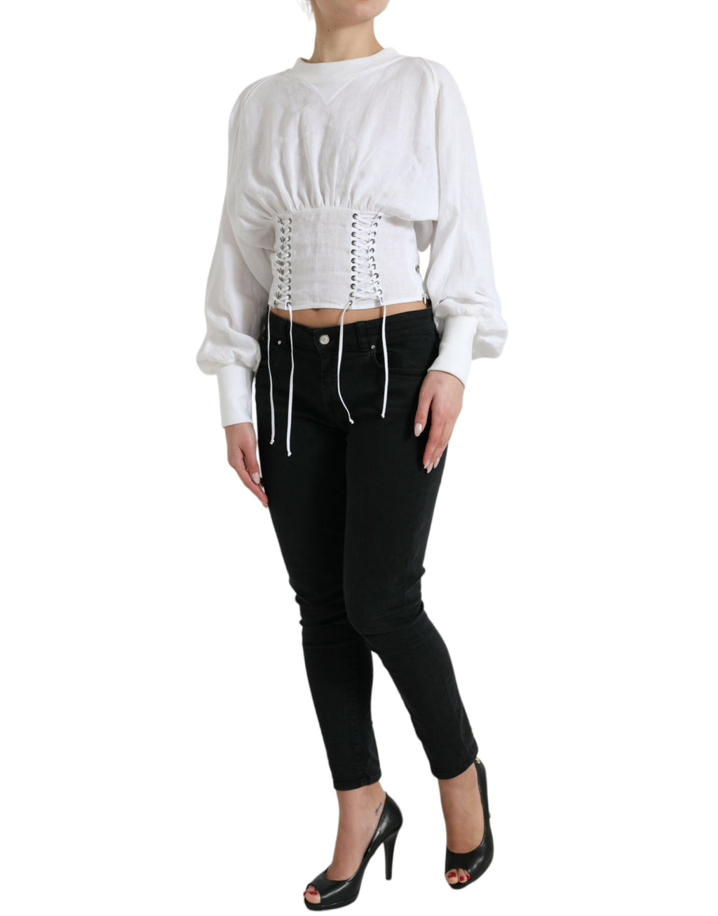 Dolce &amp; Gabbana White Cotton Corset Cropped Long Sleeves Topclothing