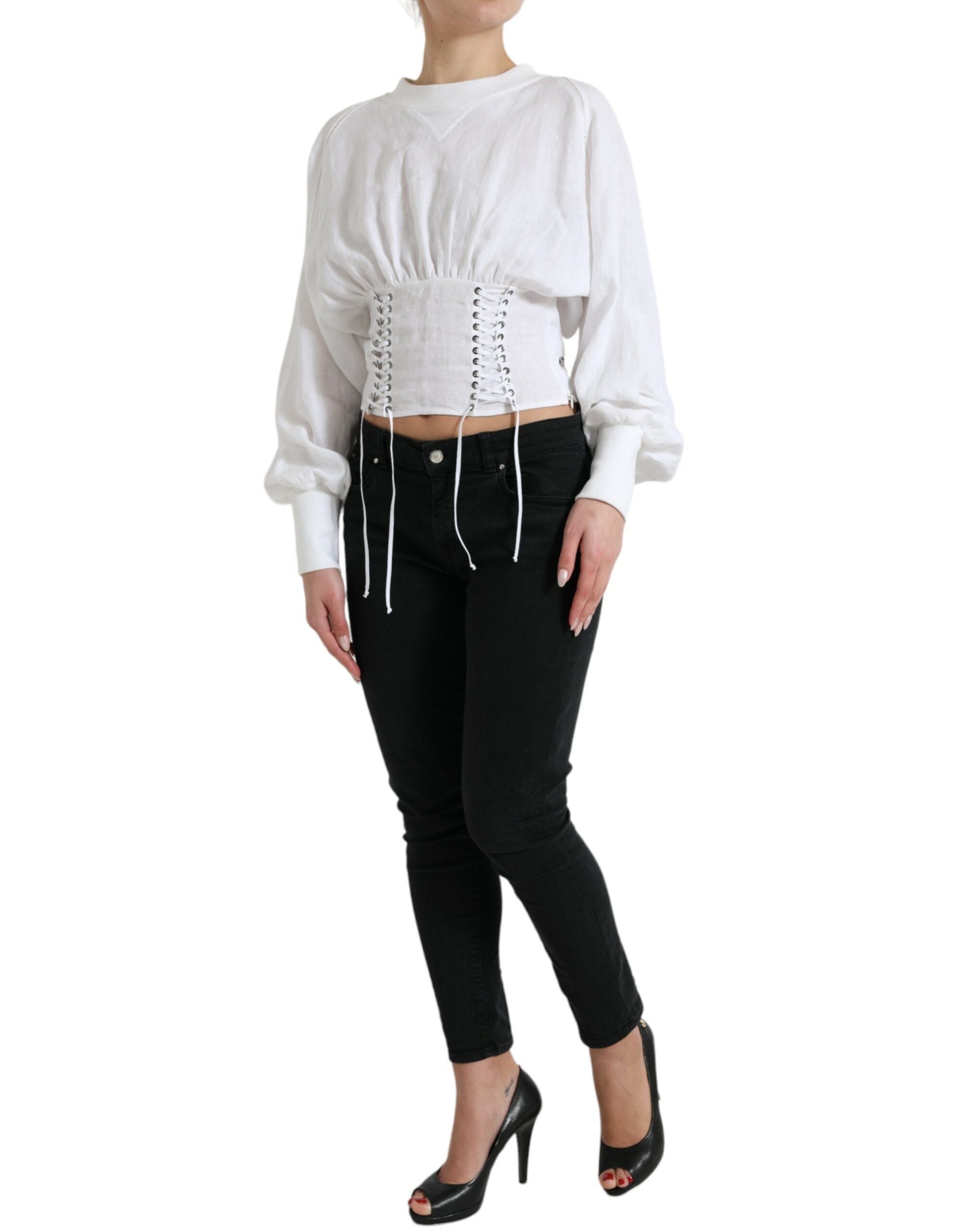 Dolce &amp; Gabbana White Cotton Corset Cropped Long Sleeves Topclothing