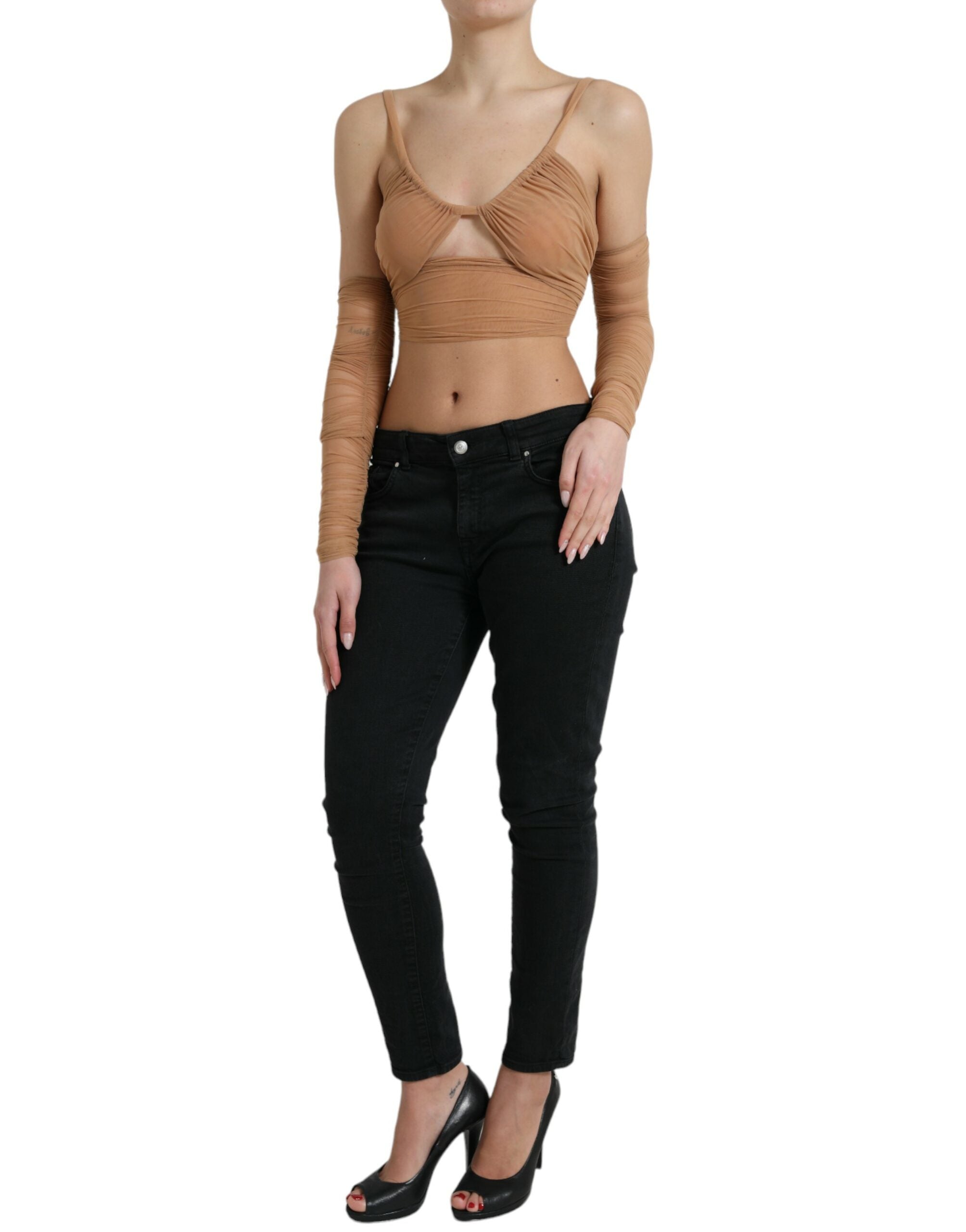 Dolce &amp; Gabbana Brown Nylon Stretch Open Shoulder Cropped Top