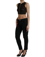 Dolce &amp; Gabbana Brown Embellished Nylon Stretch Cropped Top