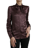 Dolce &amp; Gabbana Brown Silk Ascot Collar Long Sleeve Blouse Top