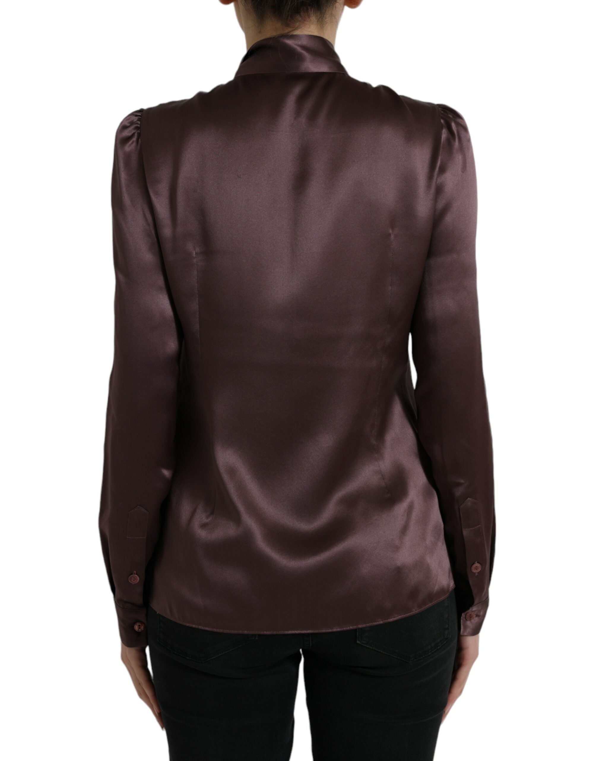 Dolce &amp; Gabbana Brown Silk Ascot Collar Long Sleeve Blouse Top