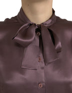 Dolce &amp; Gabbana Brown Silk Ascot Collar Long Sleeve Blouse Top